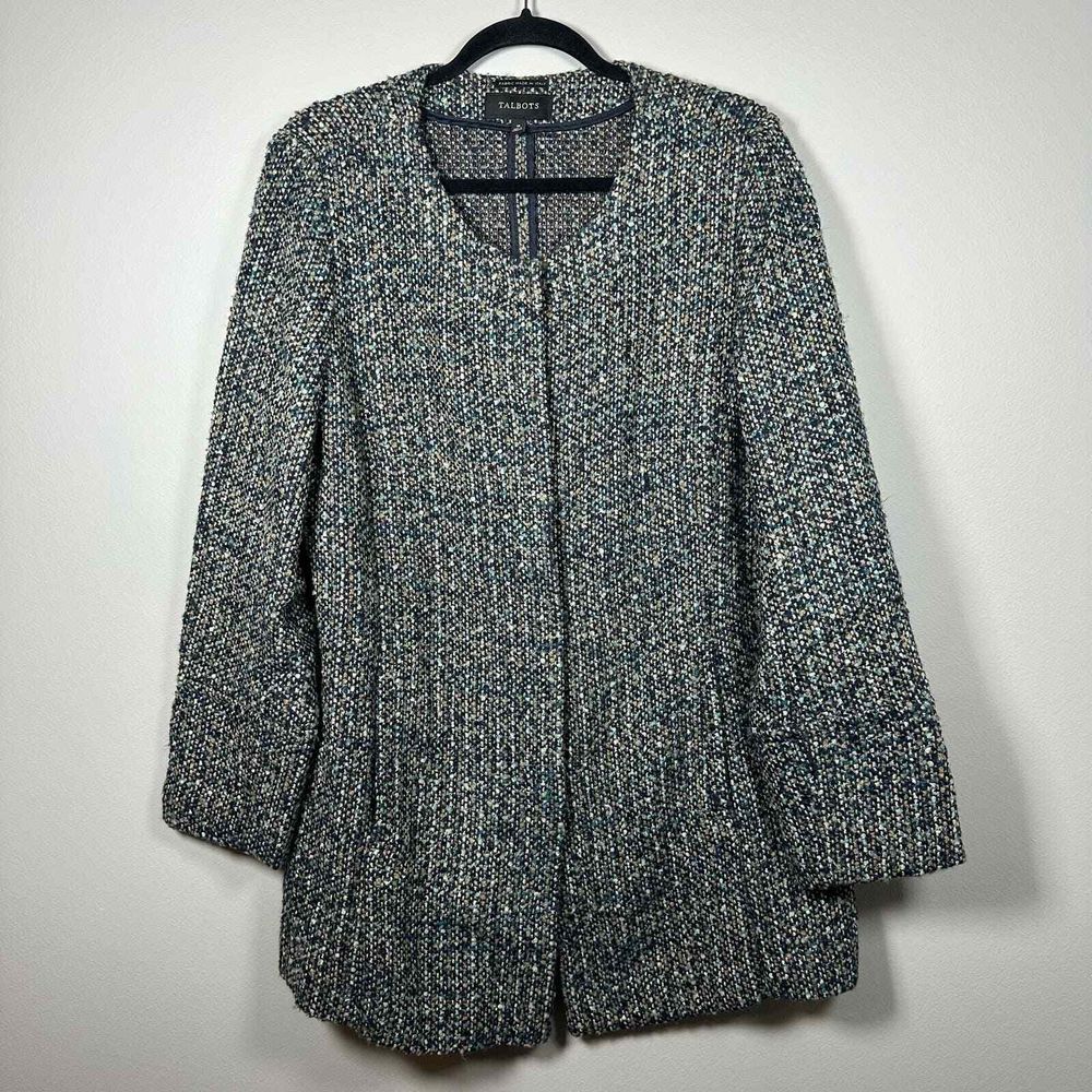 Talbots Size 16 Italian Navy Blue Tan Tweed Snap Front Cardigan Sweater Coat